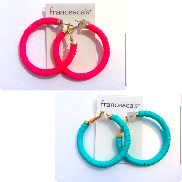 Neon Pink & Turquoise Rubber Disc Hoop Earrings - Picture 1 of 8